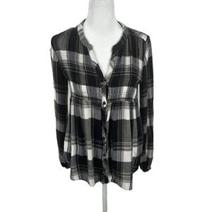 Knox Rose Top Blouse Shirt Black White 3/4 Sleeve Plaid XS Casual Button Down